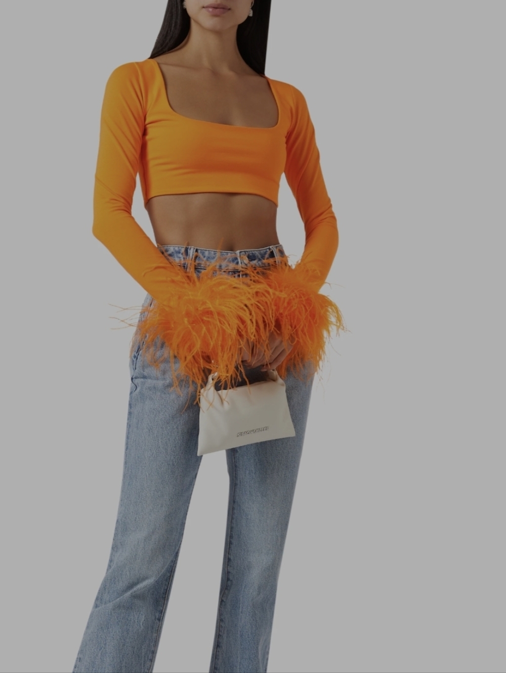 NWOT Feather-Cuff Long Sleeve Crop Top in Bright Orange Elegant Party Vacation